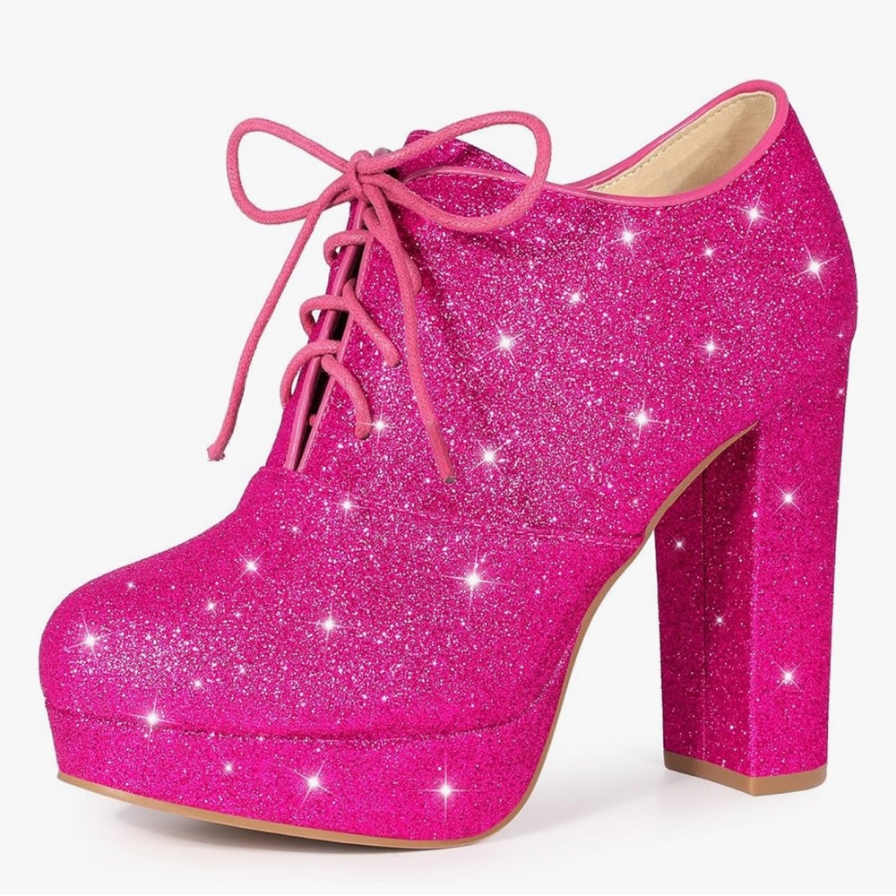 Allegra K Fuchsia Glitter Lace-Up Heels